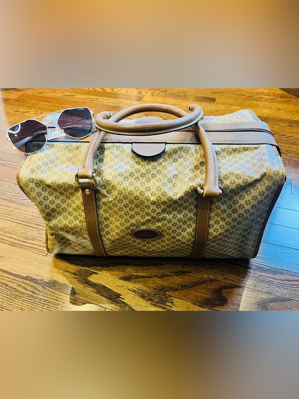 Vintage Mantero Italy Floral Leather Boston Weekender Travel Bag.